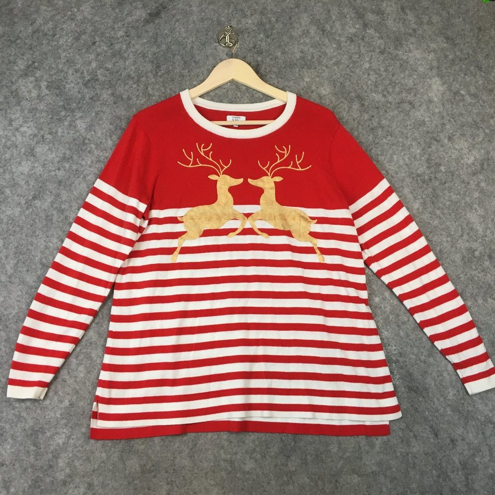 Crown Ivy Sweater 0X Curvy Christmas Red Striped Gold Metallic Reindeer Cotton